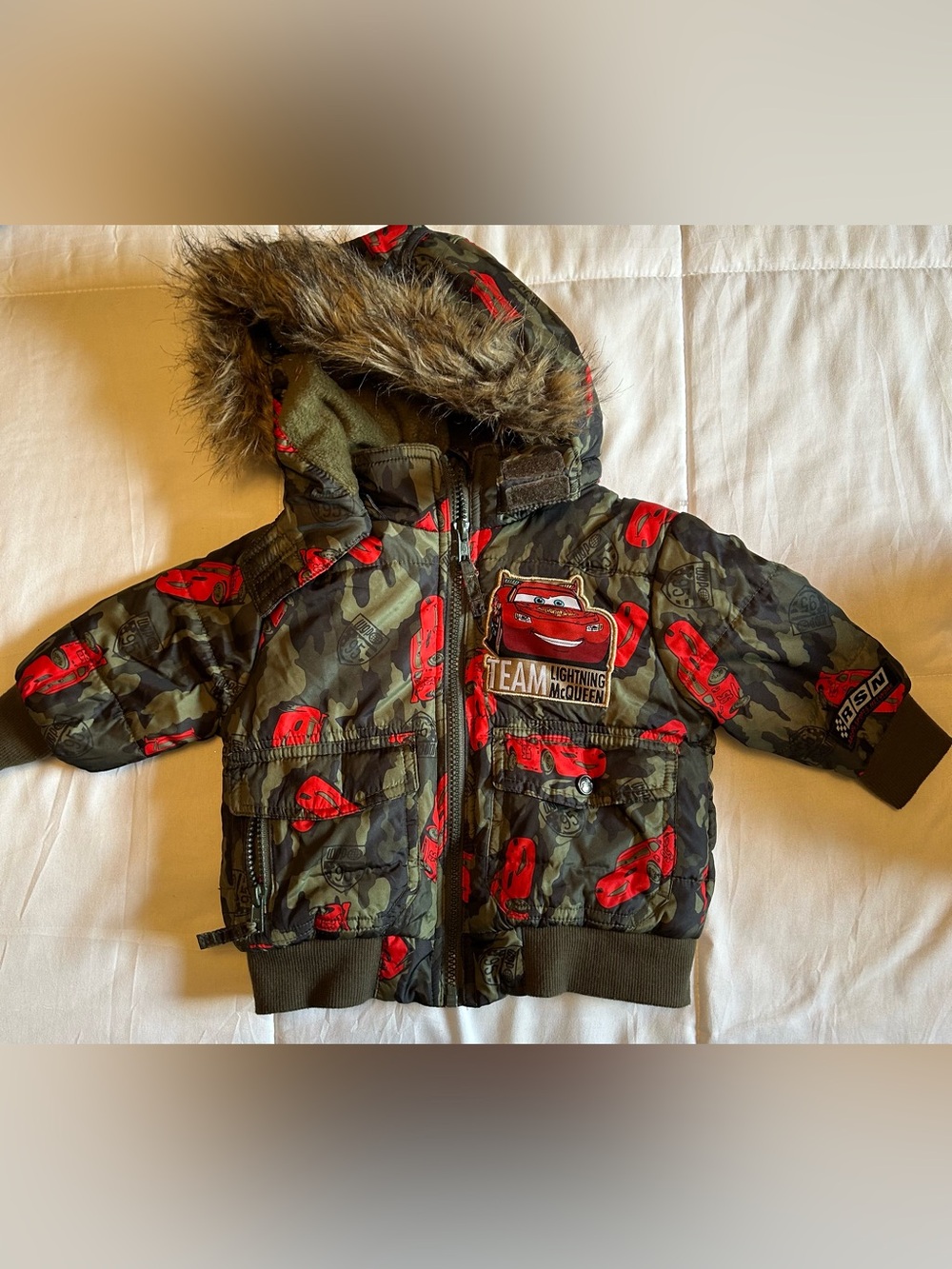 Disney Cars Kids' Camouflage Puffer Jacket with Faux Fur Hood - Green/Red